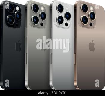 Maquette de Smart Phone iPhone 16 Pro dans les couleurs officielles, sur un fond transparent, illustration vectorielle. L'iPhone 16 Pro et l'iPhone 16 Pro Max sont Illustration de Vecteur