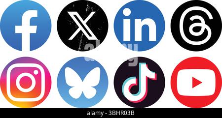 Ensemble d'icônes rondes d'applications mobiles de médias sociaux, telles que Facebook, X, Linkedin, threads, Instagram et d'autres, sur un fond transparent, illustr vectoriel Illustration de Vecteur