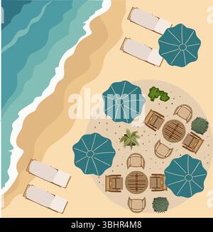 Vue aérienne de la scène de plage avec des tables de café en bois Illustration de Vecteur