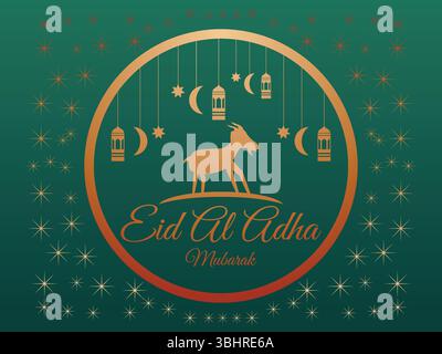 Carte de voeux Eid Al Adha élégante avec silhouette de chèvre dorée, croissant de lunes, lanternes et étoiles sur fond vert, avec typographie festive Illustration de Vecteur