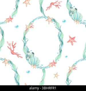 Algues de cadre de modèle sans couture, algues, étoiles de mer, coquillage, éponges de mer, bulles sous-marines. Aquarelle illustration menthe turquoise couleurs corail Banque D'Images