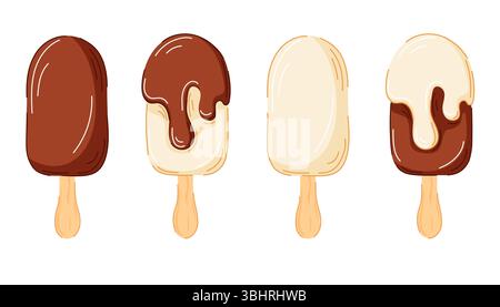 Ensemble de barres de crème glacée au chocolat et à la vanille sur des bâtons avec revêtement et garnitures fondantes dans le style de dessin animé. Parfait pour le menu de desserts d'été, emballage Illustration de Vecteur
