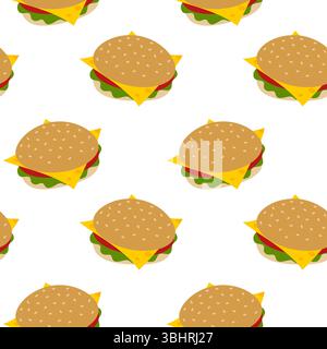 Illustration Cheeseburger dessinée à la main comprenant une tranche de fromage de pain de sésame, une feuille de salade et un morceau de tomate. Illustration vectorielle isolée cartes de menu de restauration rapide ou de livraison, bannière promotionnelle, dépliants, étiquettes, étiquette Illustration de Vecteur
