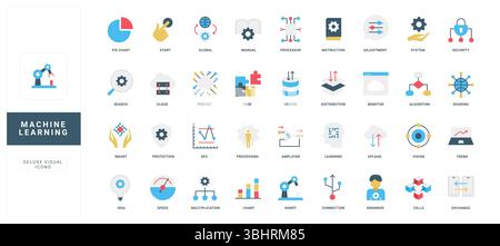 Icônes plates colorées représentant l'apprentissage automatique, l'IA, la science des données, les algorithmes et les concepts technologiques pour les projets numériques et l'illustration vectorielle de présentations Illustration de Vecteur