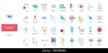 Icônes de flèches de mesure plates colorées avec des titres étiquetés pour la conception, les mathématiques et les concepts d'ingénierie isolés sur l'illustration vectorielle de fond blanc Illustration de Vecteur