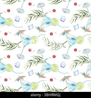 Boisson bleue tropicale, glaçons, cerise, feuilles de palmier sans couture. Illustration d'aquarelle dessinée à la main isolée. Cartes de vœux, invitations Banque D'Images