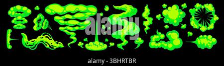 Sentez le nuage avec la fumée de dessin animé vert fluorescent sur fond noir. Mauvais éléments de vecteur de gaz et de vapeur dans la conception plate. Idéal pour les autocollants, l'humour, ou Illustration de Vecteur