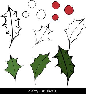 Icône de vecteur de baie de houx de Noël, gui et feuille, branche d'ilex rouge isolée sur fond transparent. Illustration vectorielle d'encre de ligne graphique. Pour p Illustration de Vecteur