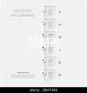 Un modèle d'infographie verticale propre en six étapes sur un fond lumineux. Ce modèle est parfait pour illustrer un processus en six étapes ou une séquence avec Illustration de Vecteur