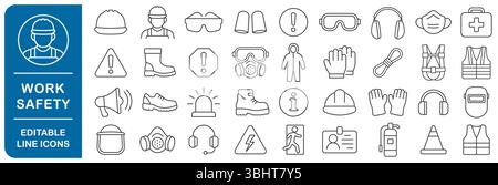 Jeu d'icônes de ligne modifiables pour l'équipement de sécurité au travail. Collection de symboles d'icônes de sécurité. Panneaux essentiels pour la construction et l'industrie. Sécurité et protection de la santé Illustration de Vecteur