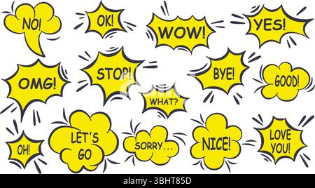 Bulles de dialogue comiques avec des phrases et des mots populaires ensemble. Icônes de parole explosives jaunes, éléments vectoriels Illustration de Vecteur