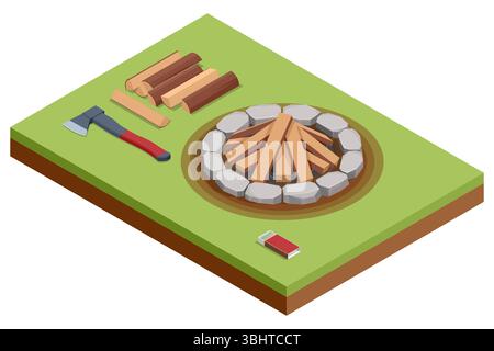 Feu de camp crépitant isométrique avec braises incandescentes, flammes scintillantes dansant autour des bûches disposées, projetant une lumière chaude et une fumée douce dans la nuit Illustration de Vecteur