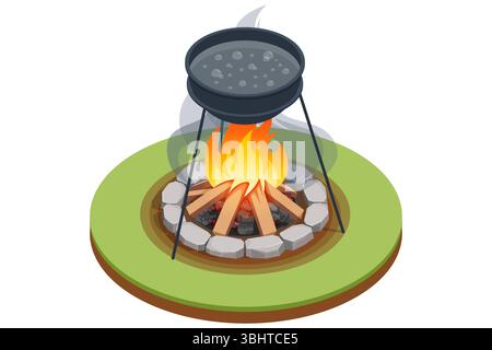 Feu de camp crépitant isométrique avec braises incandescentes, flammes scintillantes dansant autour des bûches disposées, projetant une lumière chaude et une fumée douce dans la nuit Illustration de Vecteur
