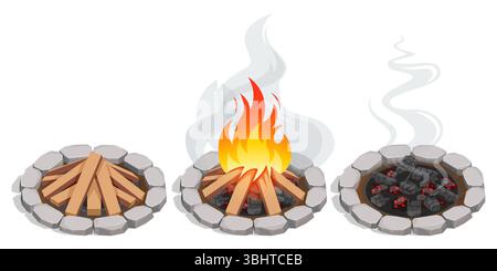 Feu de camp crépitant isométrique avec braises incandescentes, flammes scintillantes dansant autour des bûches disposées, projetant une lumière chaude et une fumée douce dans la nuit Illustration de Vecteur