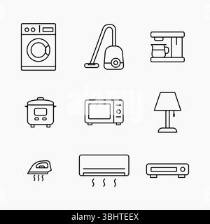 Ensemble minimal d'icônes de contour montrant les appareils électroménagers courants, y compris laveuse, micro-ondes, cafetière et plus, illustration vectorielle Illustration de Vecteur