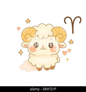 Adorable signe du zodiaque Bélier avec un bélier bébé mignon avec des étoiles et des coeurs dans une palette de couleurs pastel rêveur. Illustration de Vecteur