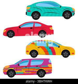 Un ensemble de quatre voitures peintes dans des couleurs différentes. Illustration vectorielle Illustration de Vecteur