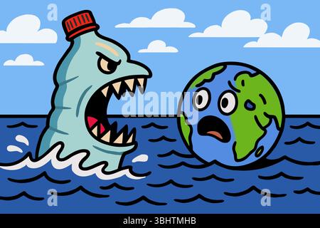 Une bouteille en plastique féroce avec des dents tranchantes flotte vers une boule terrifiante de la Terre - un avertissement frappant sur la pollution de l'océan. Banque D'Images