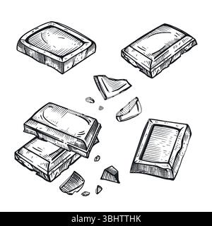 Ensemble d'illustrations vectorielles. Barre de chocolat, morceaux et tranches de chocolat, miettes, tous les objets sont dessinés à la main en vecteur en gris foncé. Convient pour Illustration de Vecteur