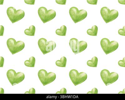 Motif sans couture. Illustration aquarelle de coeurs verts sur fond blanc Banque D'Images