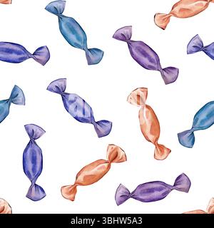 Motif aquarelle sans couture avec bonbons orange, bleu et violet avec des fleurs blanches. Design peint à la main parfait pour le papier d'emballage d'Halloween ou Banque D'Images