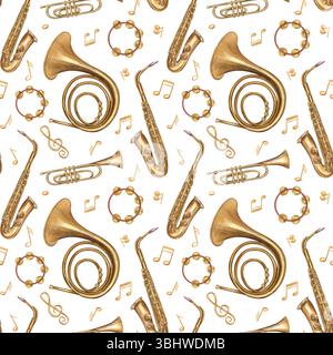 Instruments de musique en laiton volants sans couture motif isolé fond. Saxophone aquarelle, trompette, cor français, tambourin et notes en or bronze Banque D'Images