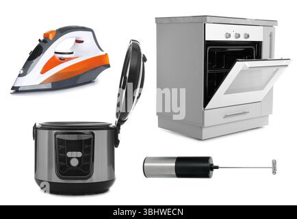 Différents appareils ménagers isolés sur blanc, ensemble Banque D'Images