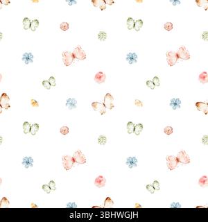 Motif aquarelle sans couture avec de petites fleurs et des papillons. Design floral minimaliste adapté aux tissus, papiers peints et textiles. Pour Banque D'Images