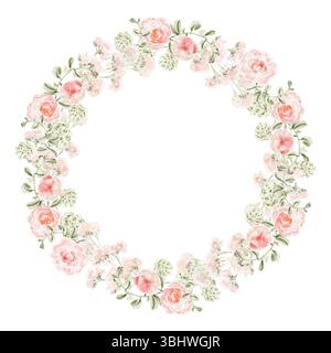 Couronne florale aquarelle avec pivoines roses, roses de jardin et feuilles. Cadre de cercle pour carte de voeux, invitation de mariage ou design décoratif. Isolé Banque D'Images