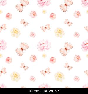 Motif aquarelle sans couture avec petites fleurs et papillons dans des tons roses. Design floral minimaliste adapté au tissu, papier peint, textile BA Banque D'Images