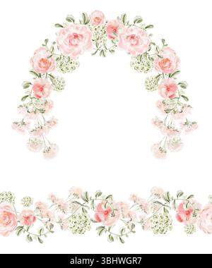 Arc floral aquarelle et bordure sans couture avec pivoines, roses et feuilles. Fleurs roses botaniques dans un cadre circulaire et un motif horizontal. Parfait f Banque D'Images