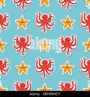 Modèle sans couture avec pieuvre kawaii et autocollants d'étoile de mer dans le style plat de bande dessinée, disposés dans l'ordre des pois sur fond bleu. Mignon design océan pe Illustration de Vecteur