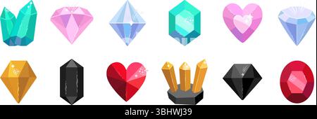 Pierres précieuses et cristaux sertis dans différentes couleurs et formes. Collection vectorielle d'icônes gemmes. Diamants colorés et pierres à facettes Illustration de Vecteur