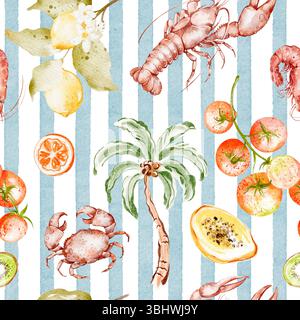 Motif aquarelle sans couture avec fruits de mer, citron, papaye, tomates cerises, palmier et nourriture côtière sur un fond rayé. Cuisine méditerranéenne estivale. Banque D'Images