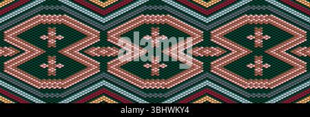Un motif vectoriel sans couture avec des écailles de diamant en vert foncé, rose doux et brun terreux, avec des motifs de coeur inspirés par les Amérindiens et les Andes Illustration de Vecteur