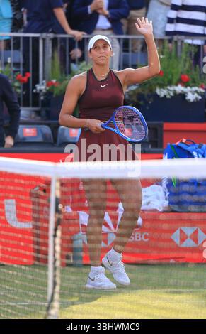 11 juin 2025 ; Championnats HSBC, Queen's Club, West Kensington, Londres, Angleterre : HSBC Womens Championships Queens Club, jour 3 ; Madison Keys (États-Unis) célèbre sa victoire après avoir battu Anastasia Zakharova Banque D'Images