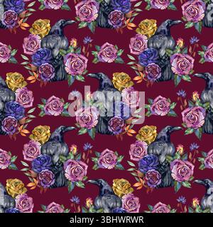 Oiseaux corbeaux en roses rouges. Motif sans couture gothique Halloween avec des oiseaux effrayants et des fleurs dans le style goth. Fond effrayant à l'aquarelle pour un design effrayant Banque D'Images