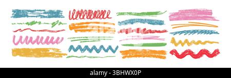 Soulignements fusain, griffonnages de couleur et coups de pinceau ondulés. Griffonnages dessinés à la main pour enfants, lignes bouclées. Craie crayon penser et rayures rugueuses, crayon à main levée barré sur fond blanc Illustration de Vecteur