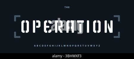 Alphabet techno, lettrage pochoir gras, police de caractères cyber armée avec typo d'affichage tactique, texte numérique fort pour la conception de stratégie de titre de jeu Illustration de Vecteur