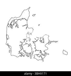 Danemark carte de pays nordique ligne de frontière précise détaillée avec de nombreuses îles illustration vectorielle dessinée à la main, modèle vierge avec Copenhague Illustration de Vecteur