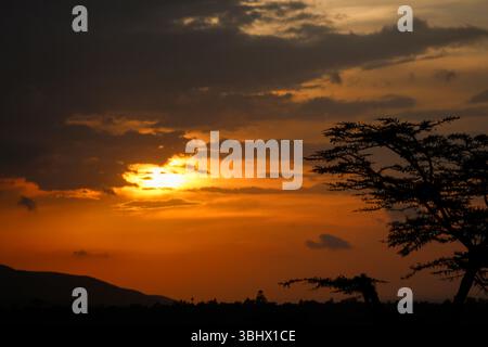 Le soleil traverse des nuages sombres alors qu'il se couche contre un ciel orange ardent au Kenya. Les ombres des arbres fébriles et des montagnes bordent le cadre inférieur. Banque D'Images