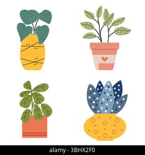 Ensemble de plantes d'intérieur dans des pots. Fleurs de maison mignonnes dans des pots. Plantes rétro. Illustration de Vecteur