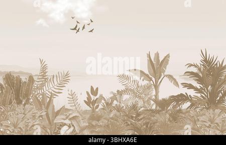Mur côtier vieilli : paysages de palmiers bruns délavés et d'oiseaux volants Banque D'Images