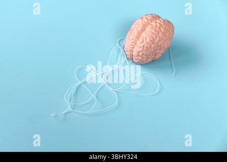 Modèle du cerveau humain sur fil blanc enchevêtré pour représentation complexe de la pensée Banque D'Images