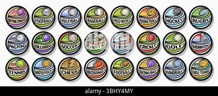 Vector Sport logos Set, groupe d'étiquettes simples avec des balles volantes sur trajectoire courbe, collection d'illustrations concepts de sport noir avec équipement de jeu Illustration de Vecteur