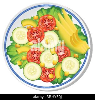 Illustration vectorielle vibrante d'une salade fraîche avec des tomates, des concombres et des tranches de mangue sur une assiette blanche Illustration de Vecteur