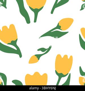 Motif vectoriel sans couture de tulipes jaunes et de feuilles vertes sur un fond blanc dans un style minimaliste plat Illustration de Vecteur