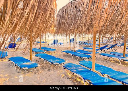 Chaises longues désordonnées et parasols tropicaux sur la côte d'Elafonisi, Crète Banque D'Images