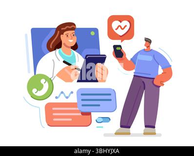 Consultation médicale en ligne sur plateforme applicative smartphone. Santé virtuelle, diagnostic et consultation médicale Illustration de Vecteur