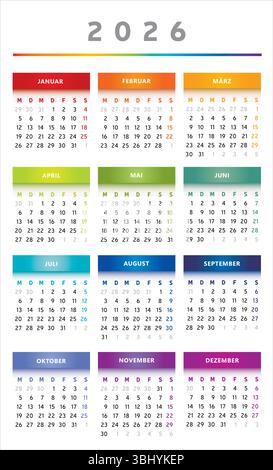 Calendrier 2026 avec des boîtes en couleurs arc-en-ciel 3 colonnes - Allemand Illustration de Vecteur